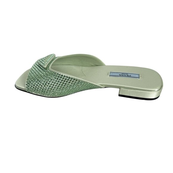 Prada Satin Crystal Embellished Acqua Slide Mules Sandals 37.5, 1XX642 NEW - Picture 6 of 16